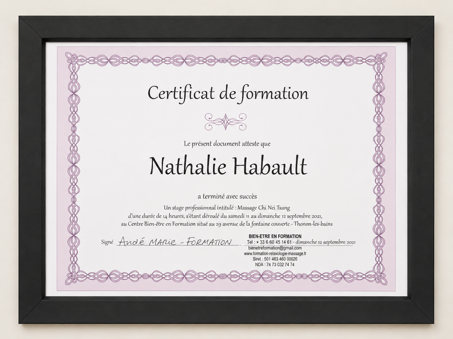 Certificat de formation Massage Chi Nei Tsang de Nathalie Habault