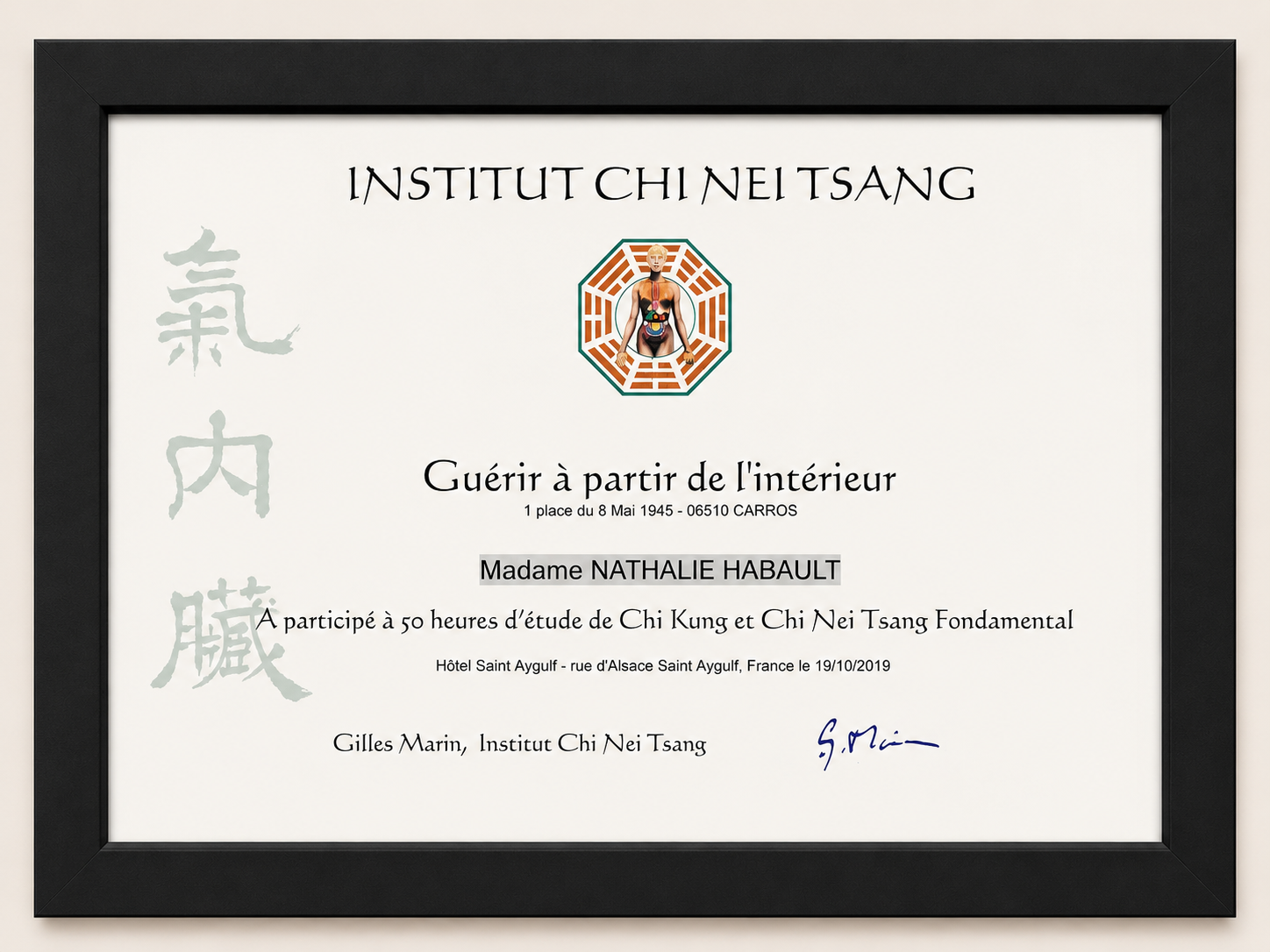 Certificat Institut Chi Nei Tsang de Nathalie Habault