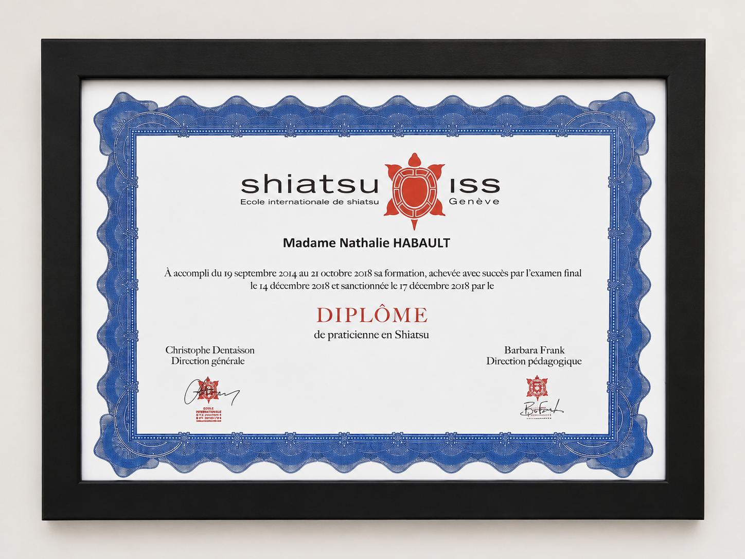 Diplôme de praticienne en Shiatsu de Nathalie Habault